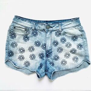 Mossimo Jean Shorts Women 11 Blue High Rise Embroidered Floral Denim Boho Preppy